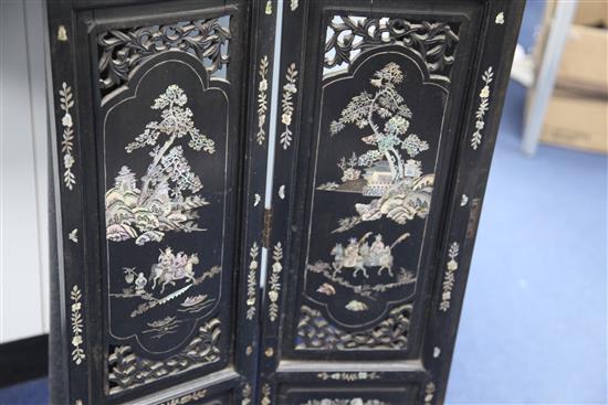 A Chinese mother of pearl inlaid ebonised wood four fold screen, late 19th / early 20th century, 100.5cm.